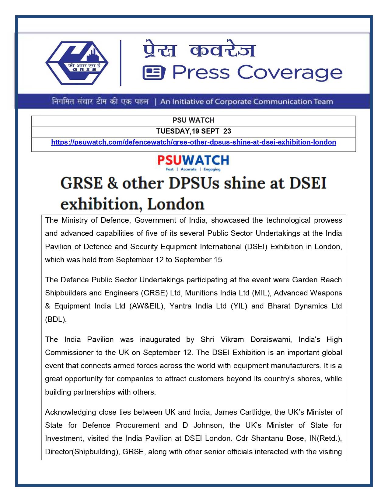 Press Coverage : PSU Watch, 19 Sep 23 : GRSE and other DPSUs shines at DSEI exhibition, London